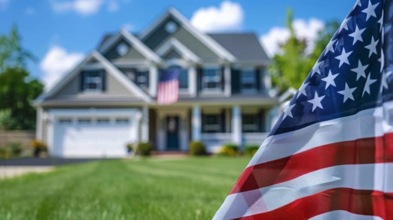 Suburban home with a U.S. flag in the foreground