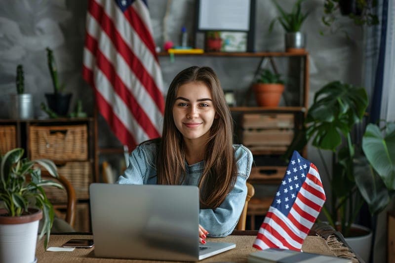 Young professional working on a laptop beside U.S. flags